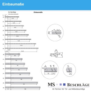 Technische Zeichnung: MS Beschläge Teilauszug 438 mm, Schubkastenauszug mit Einbaumaßen.