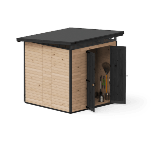 Braunes Upyard Gartenhaus Strongbox L mit geöffneten Doppeltüren und Gartengeräten.