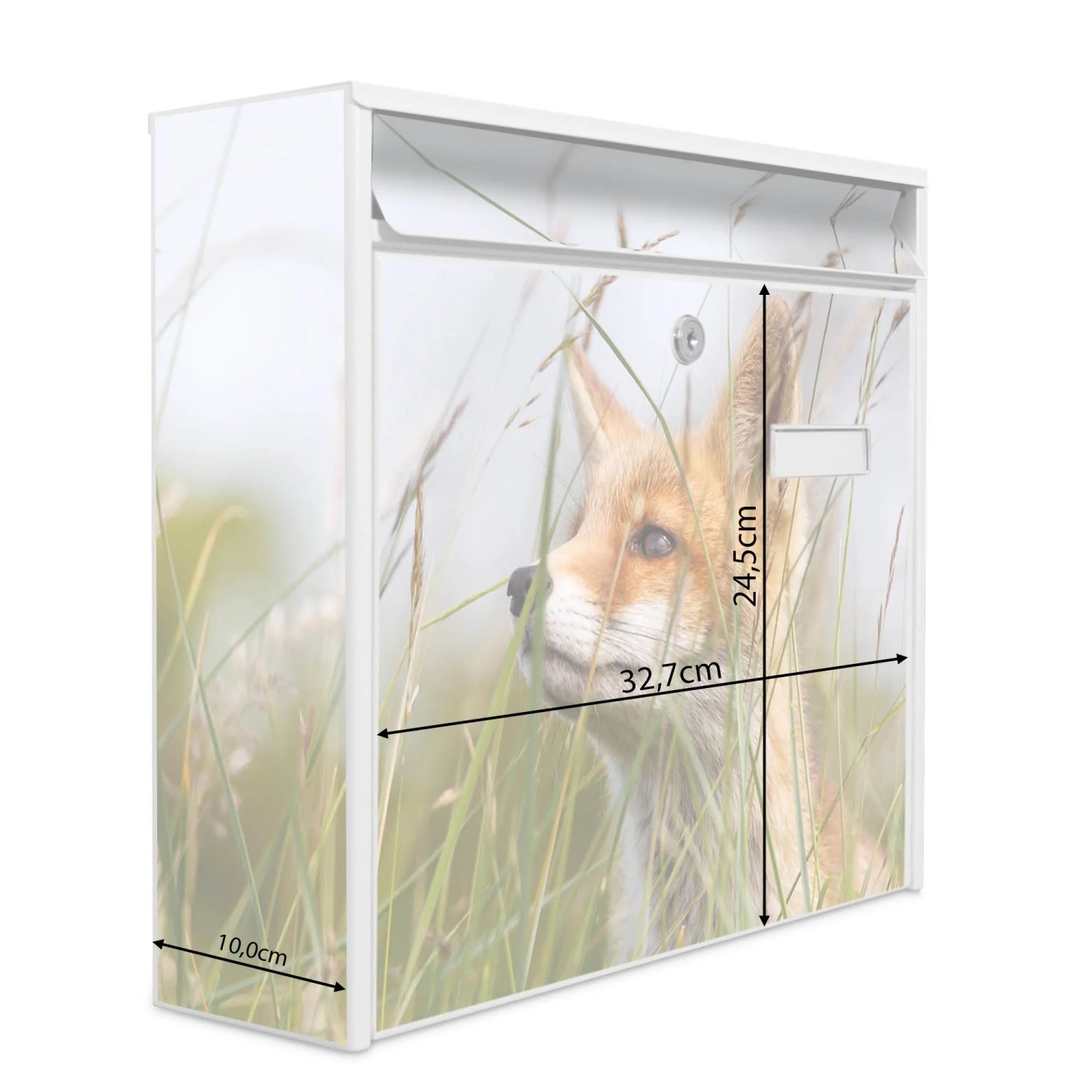 Weißer Banjado Briefkasten mit Fuchs-Motiv, inkl. Montagematerial und Namensschild.