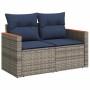 Graue vidaXL Garten-Sofagarnitur aus Rattan mit blauen Kissen, Stauraum unter den Sitzen.