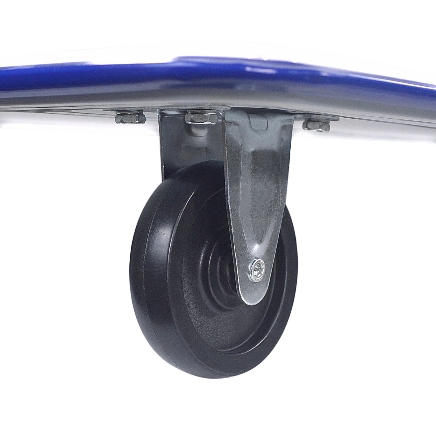 Detailaufnahme: Schwarzes Rad am TroniTechnik Transportwagen, klappbarer Plattformwagen.