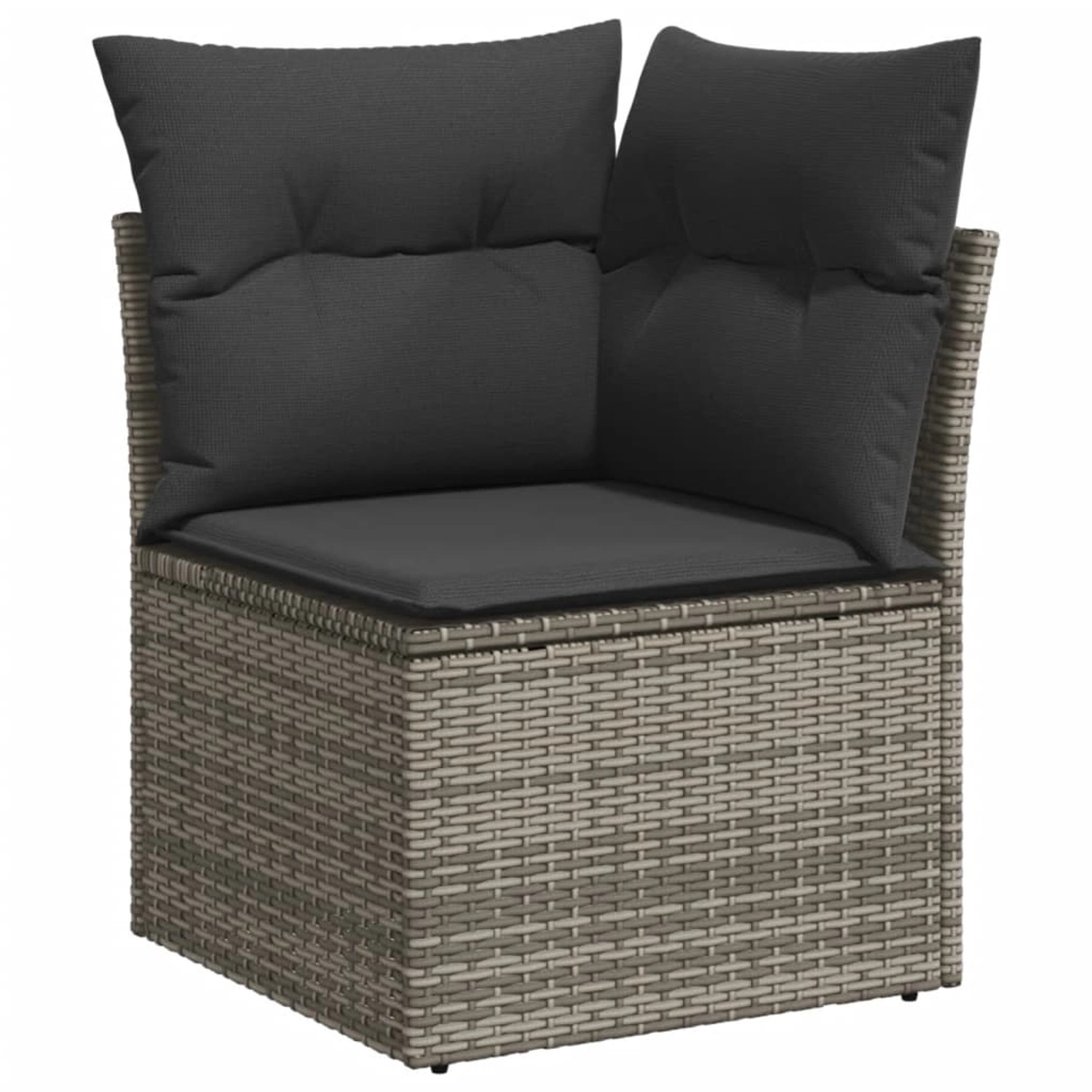 Graues Ecksofa aus Polyrattan mit dunklen Kissen, Teil der 7-tlg. vidaXL Garten-Sofagarnitur.