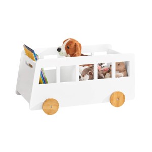 Weißes SoBuy Kinderregal KMB41-W in Busform mit Spielzeug und Büchern.