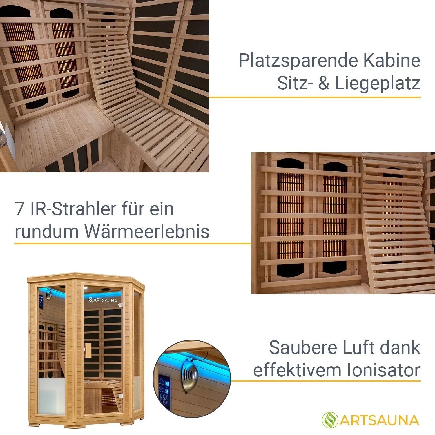 Artsauna Infrarotkabine Aalborg aus Hemlockholz mit Sitzbank, Liege und Infrarotstrahlern.