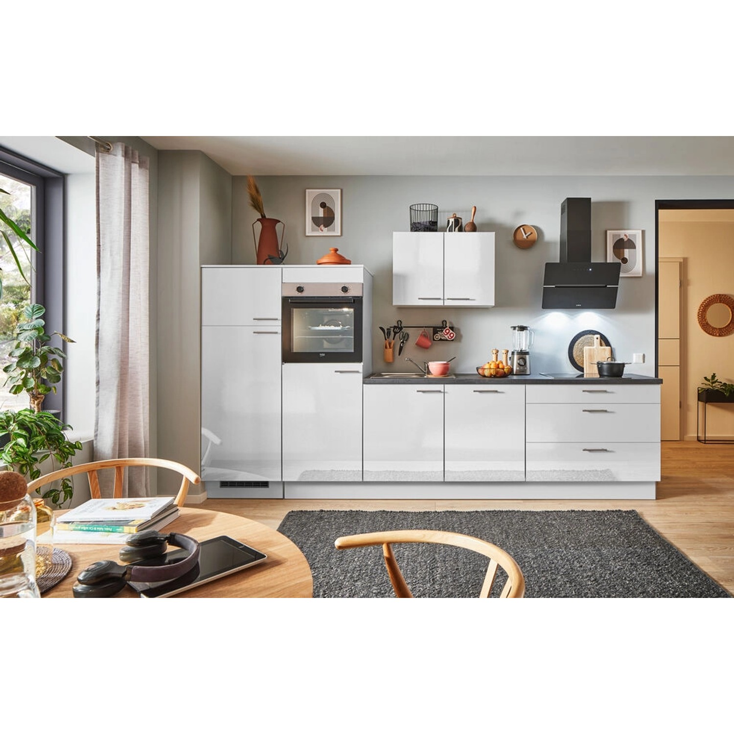 pino Küchenzeile 320 cm Lichtgrau Hochglanz Anschlag,inks 2 Geräteschränke günstig online kaufen