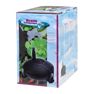 Schwarze Velda Teichpumpe auf Produktverpackung, zeigt Pumpe im Teich mit Pflanzen und Fischen. 2000 l/h Schmutzwasserpumpe.