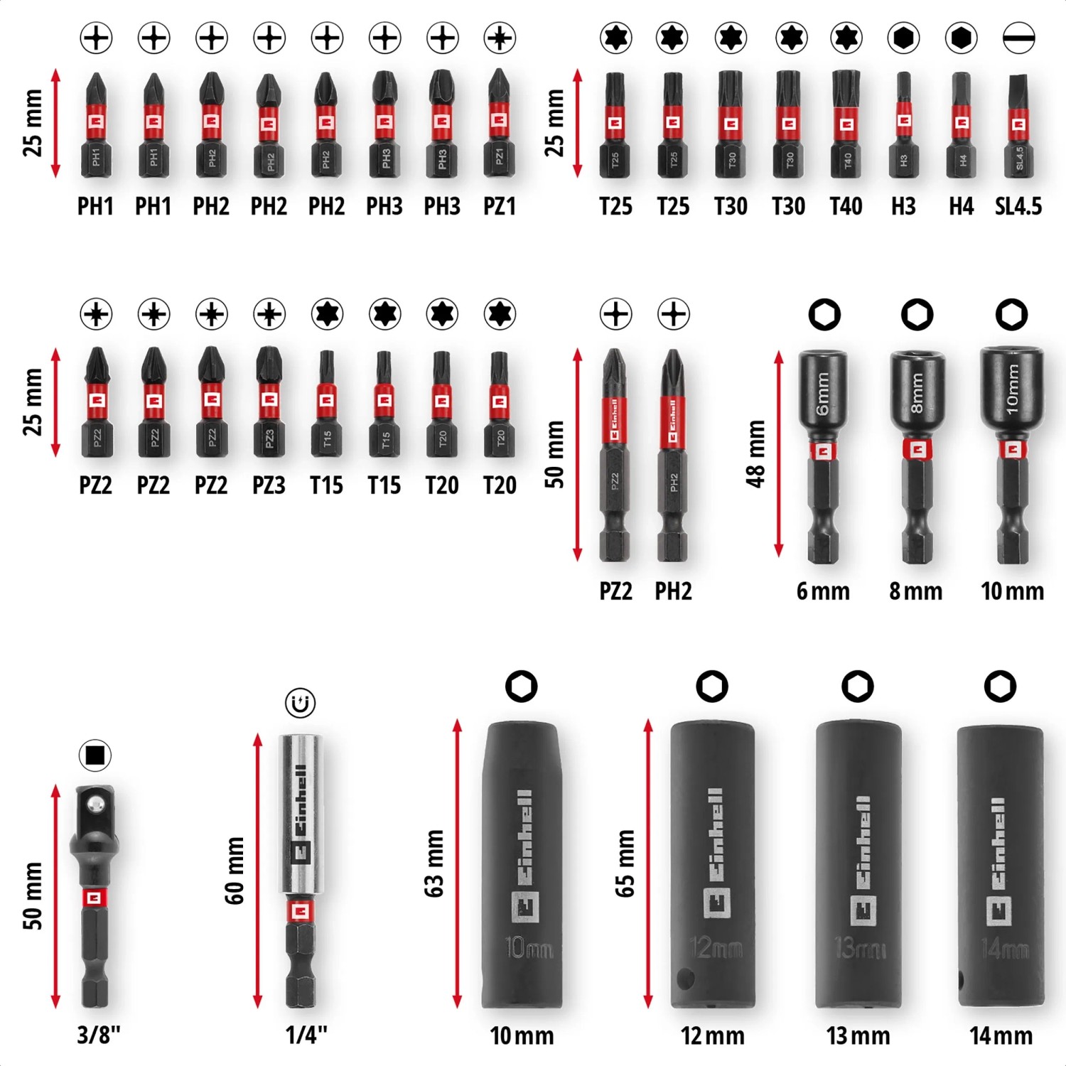 Einhell Impact Bit und Steckschlüssel Set, 35-teilig, verschiedene Bits und Nüsse im Koffer.
