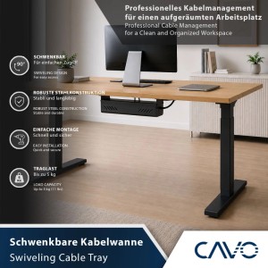 Schwenkbare SOTECH CAVO Kabelwanne schwarz matt unter Schreibtisch montiert. Professionelles Kabelmanagement für Büro.