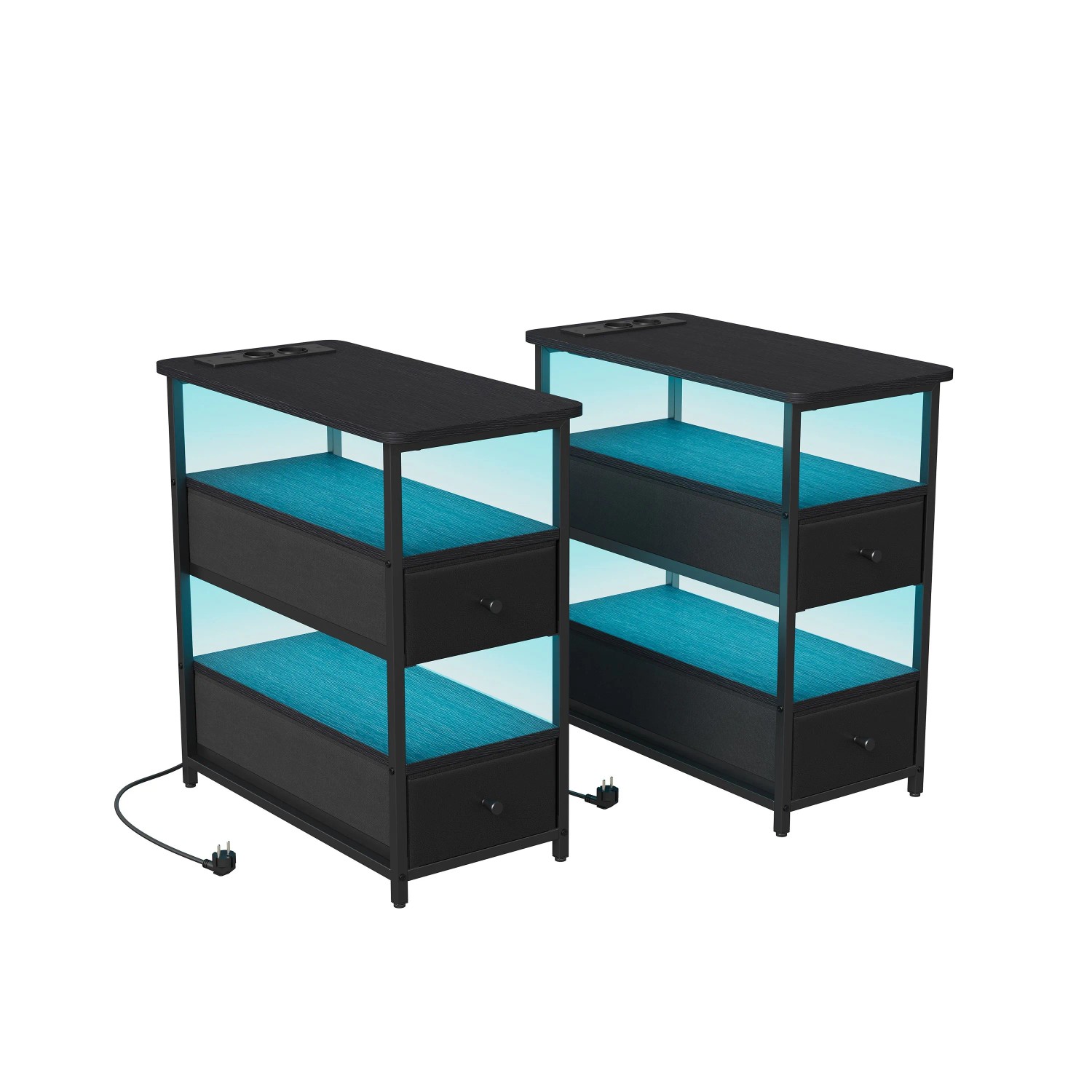 PXloue Beistelltisch 58x28x60cm Nachttisch Sofatisch mit Ladestation LED&Schubladen Schwarz