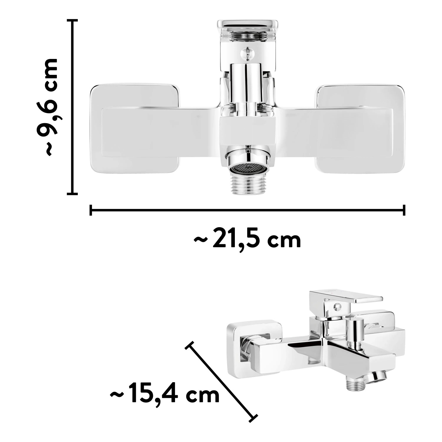 Verchromte baliv WA-5140 Einhebel-Wannenarmatur. Maße: B 21,5 cm, H 9,6 cm, T 15,4 cm. Modernes Design.