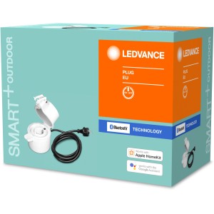 Ledvance Smart+ Bluetooth Außensteckdose On/Off EU-Stecker, weiße Verpackung.