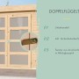 Detailaufnahme des Karibu Gartenhaus Nürnberg: Doppelflügeltür mit Sicherheitsüberfalle und Milchglasfenstern.