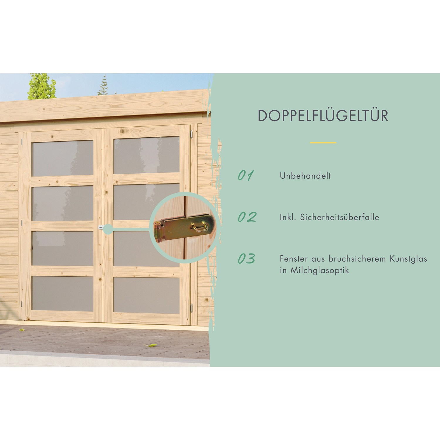 Detailaufnahme des Karibu Gartenhaus Nürnberg: Doppelflügeltür mit Sicherheitsüberfalle und Milchglasfenstern.