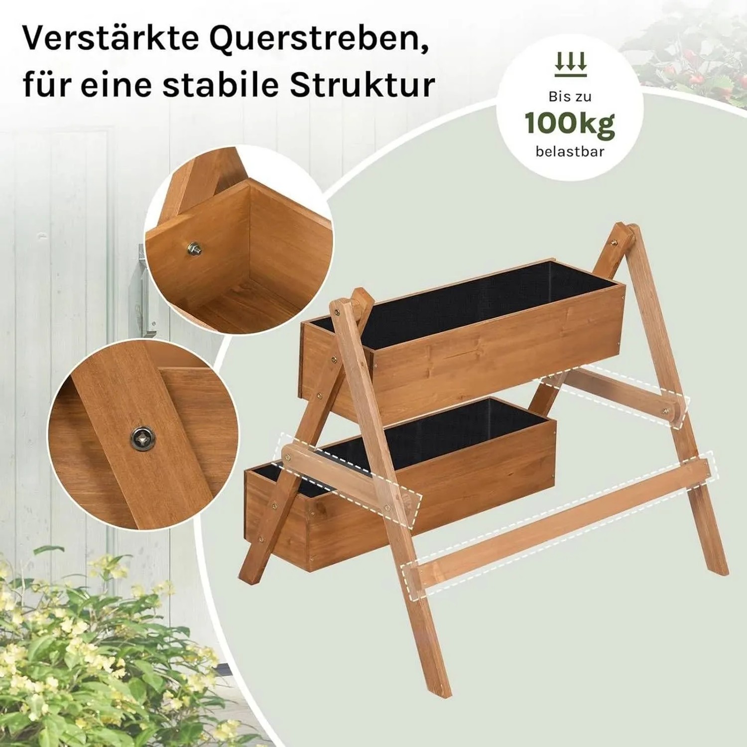 WOLTU Hochbeet mit 2 Blumenkästen aus Holz, braune Blumentreppe.