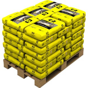 Palette Sakret Gartenbeton, 42 Säcke à 30kg, gelbe Säcke auf Holzpalette.