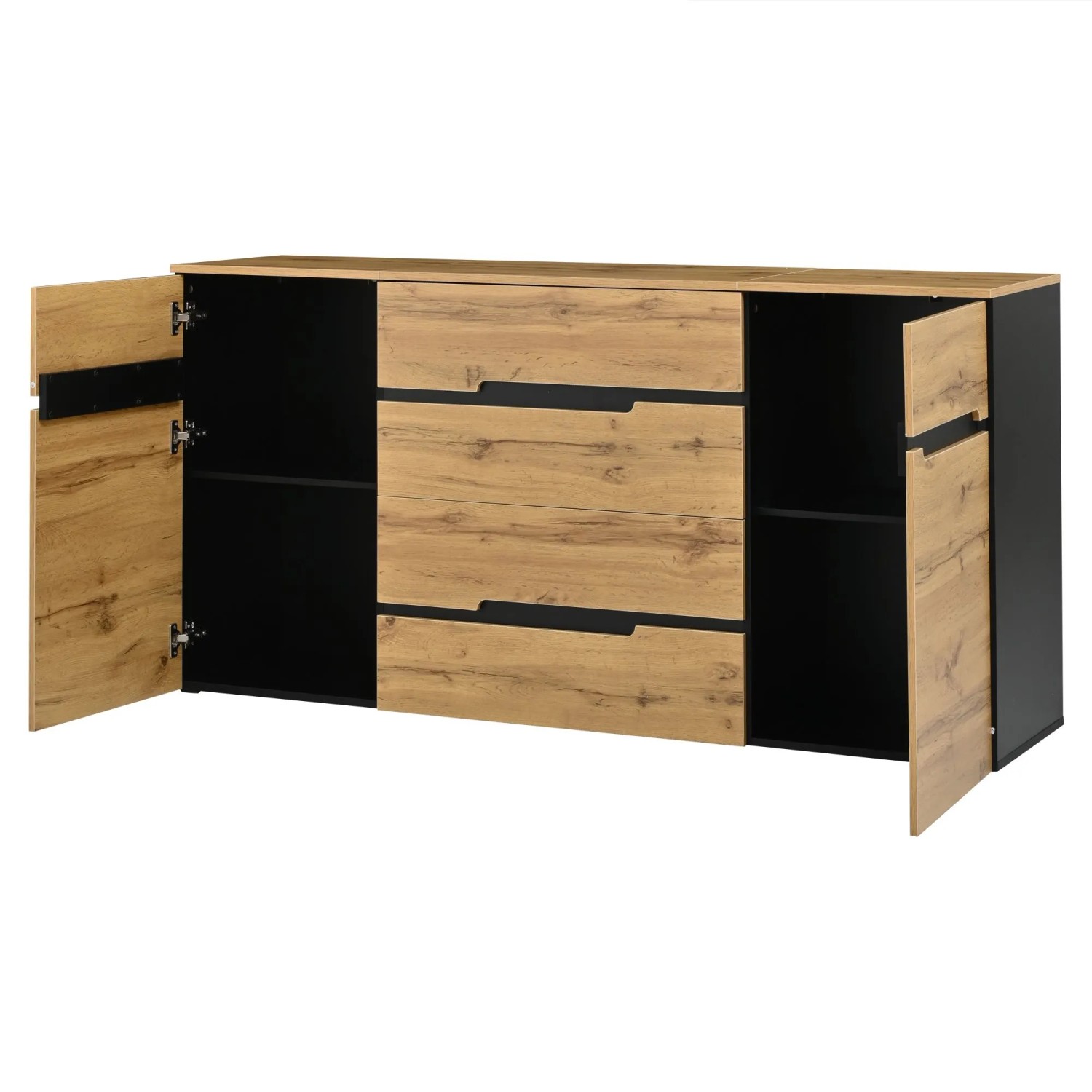 ModernLuxe Sideboard mit 2 Türen 4 Schubladen Spanplatte Schwarz Natur