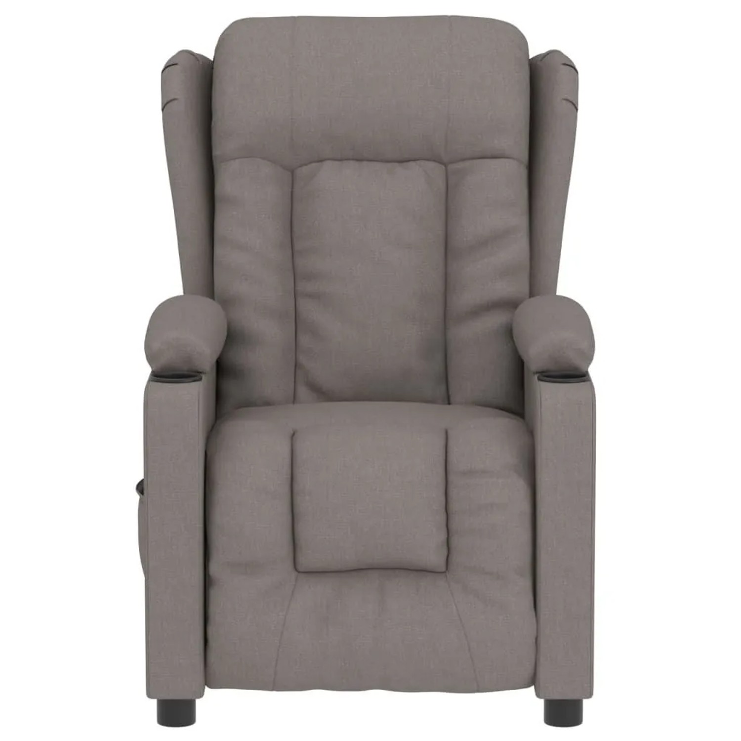 Elektrischer Relaxsessel in Taupe aus Stoff, gepolstert, mit breiten Armlehnen und zwei Getränkehaltern. Komfortabler TV-Sessel.