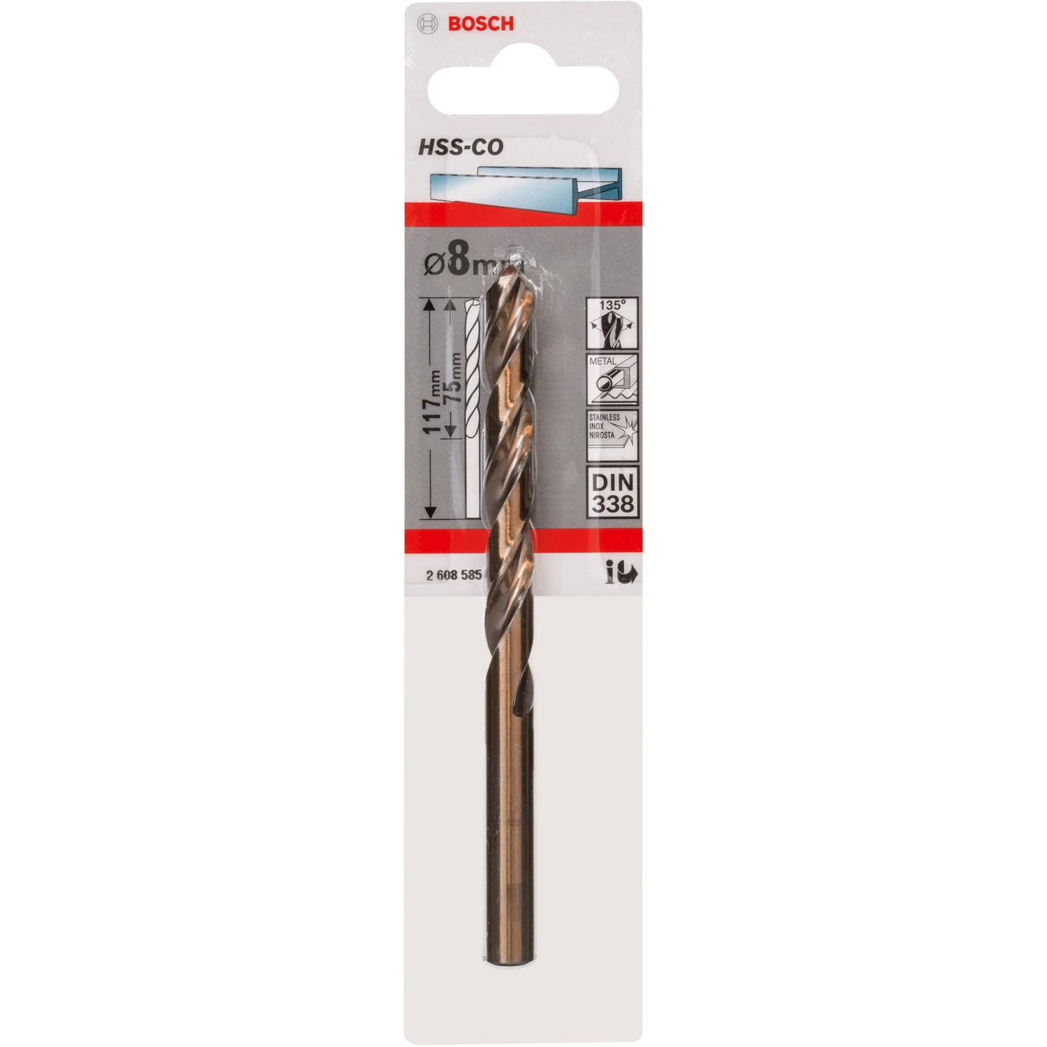 Bosch Metallbohrer Pro HSS-Co, 8mm, für Stahl, Edelstahl, Grauguss. Zweispiralig, hitzebeständig.
