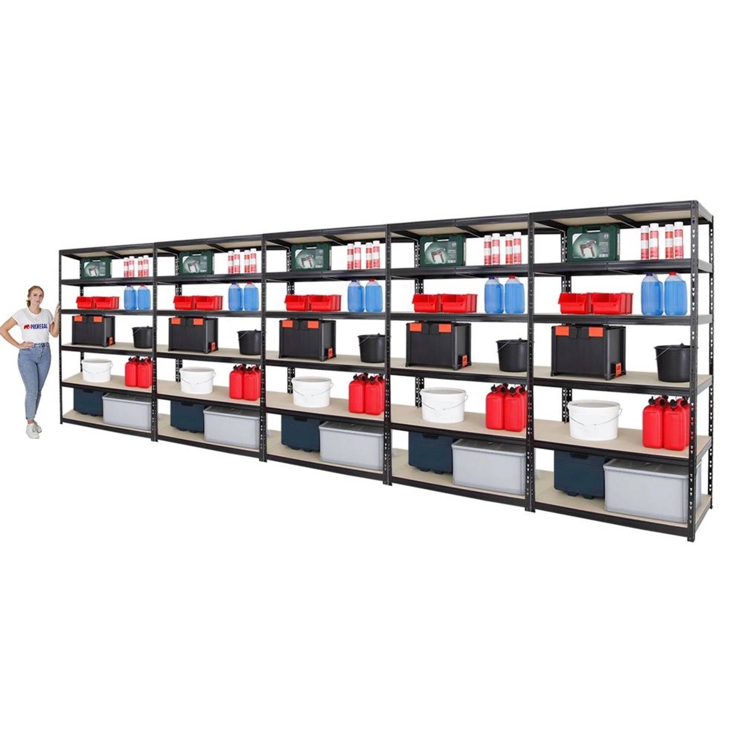 Mega Deal: 5 schwarze PROREGAL Schwerlastregale Giant Tiger XL mit 6 Ebenen und diversen Gegenständen.