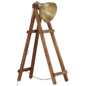 vidaXL Stehlampe aus massivem Mangoholz, dreibeinig, mit Messing-Schirm und E27 Fassung für Innenleuchten.