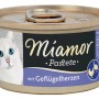 Miamor Pastete Geflügelherzen, 85g Dose Katzen-Nassfutter mit Katze auf dem Etikett.