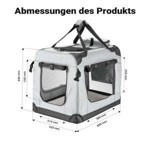 Graue Fudajo faltbare Transportbox für Hunde/Katzen, 60x42x44cm. Zeigt Produktmaße und Netzfenster.