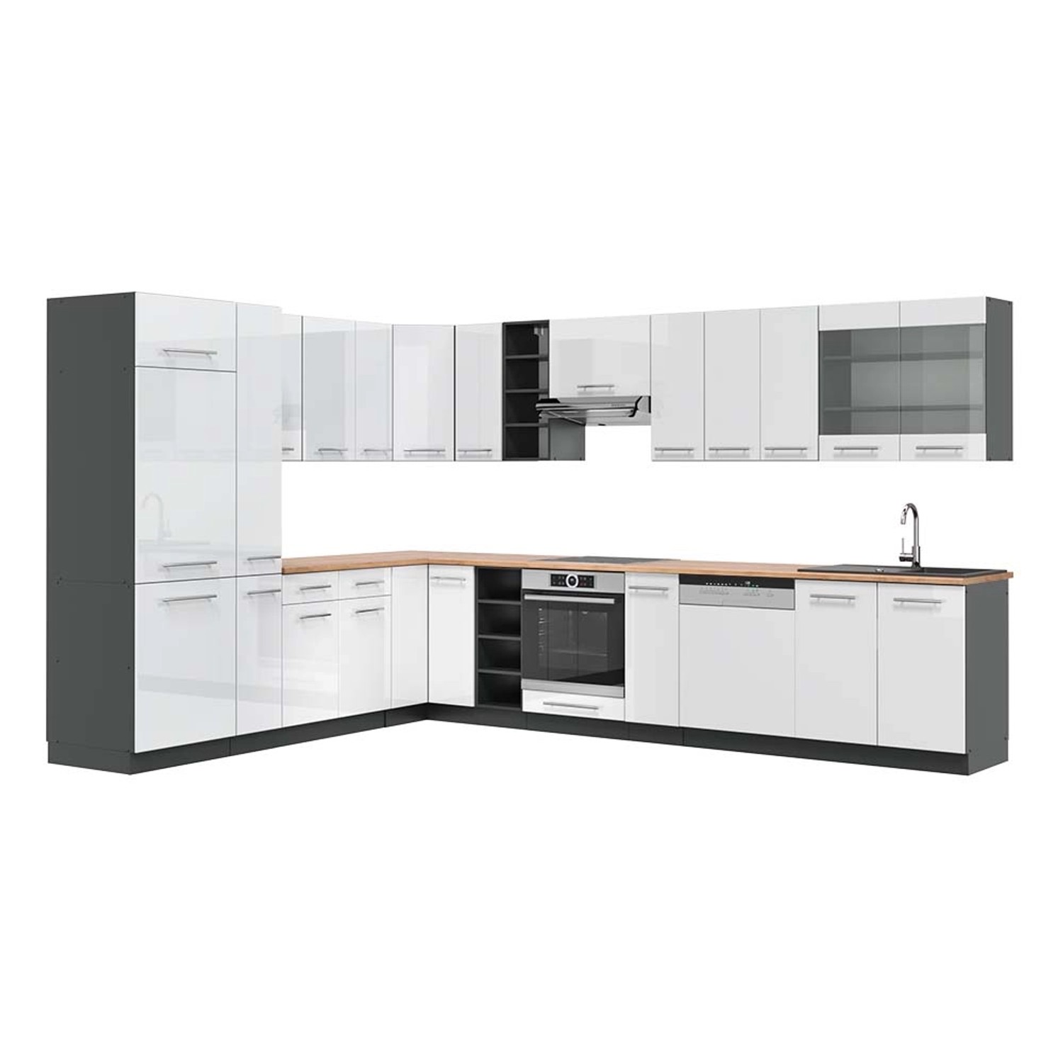 Vicco Fame-Line Eckküche Weiß Hochglanz/Anthrazit 347 x 257 cm AP Eiche günstig online kaufen