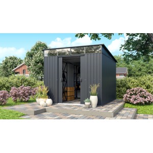 Pergart Gerätehaus Lübeck 89 in Anthrazit matt, 238x278x203 cm, mit geöffneten Schiebetüren.