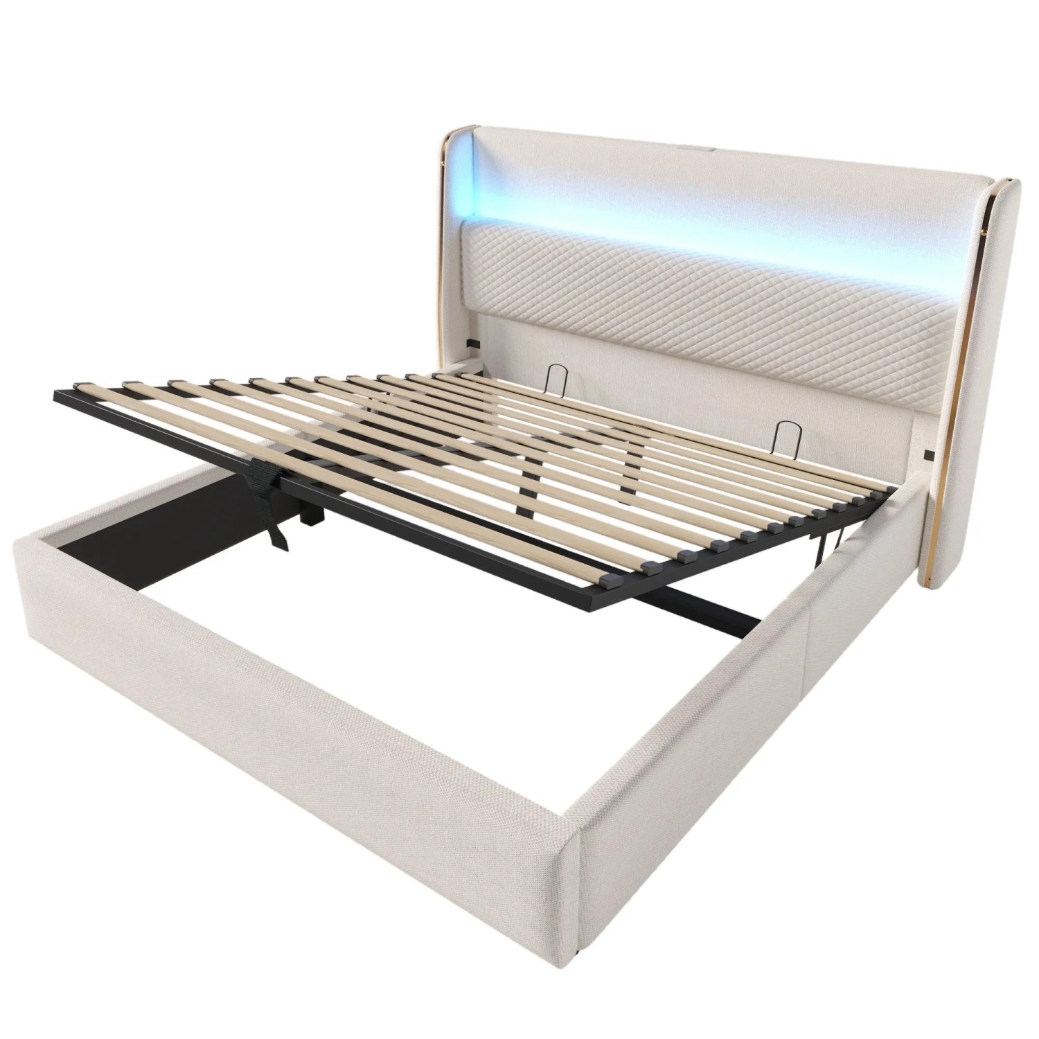 okwish Hydraulisches Bett 140x200cm mit LED Beleuchtung Kinderzimmer Beige ohne Matratze