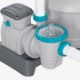 Graue Sandfilteranlage mit Pumpe, transparentem Vorfilter und Schläuchen für effiziente Poolreinigung.
