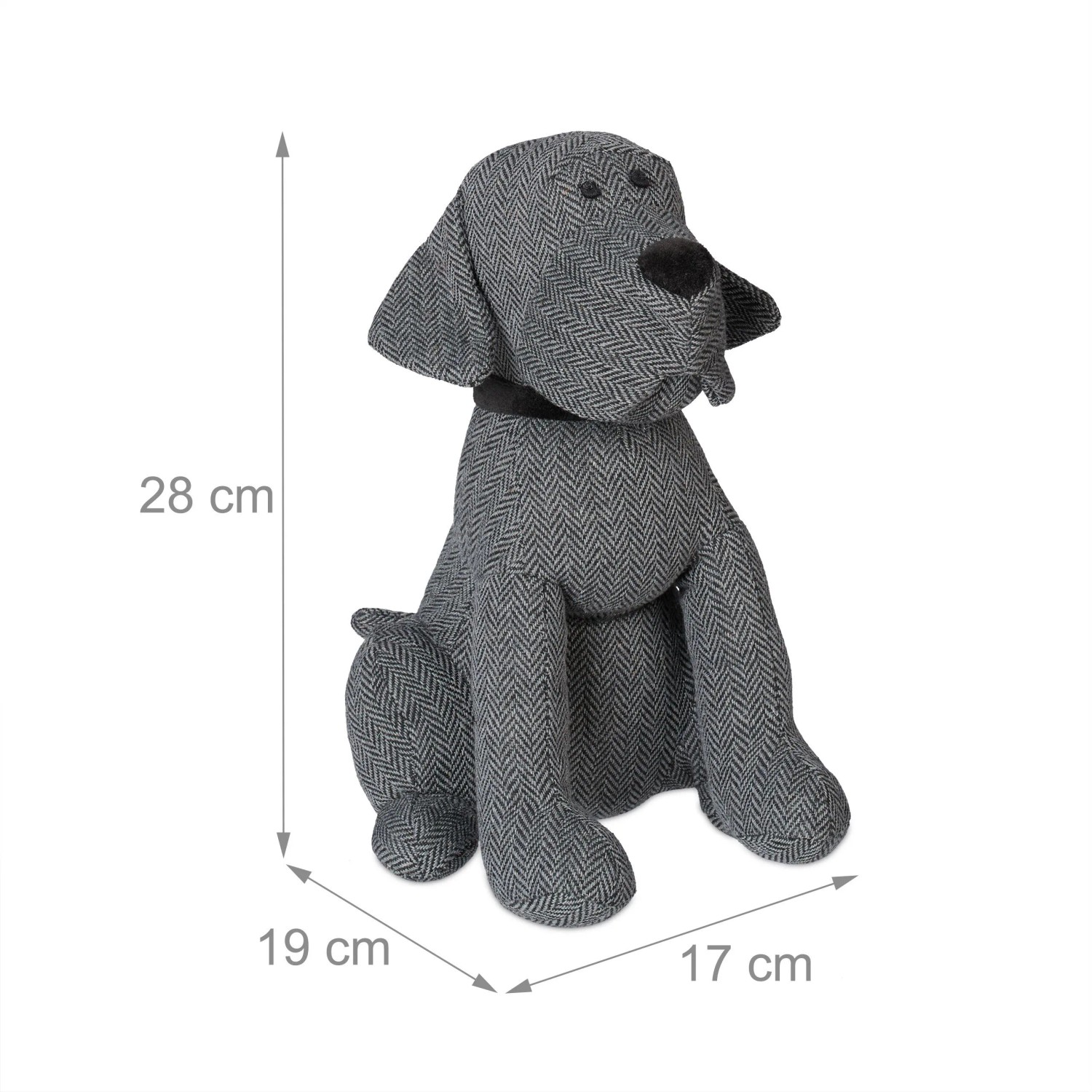 Grauer Stoff-Türstopper in Hundeform mit Fischgratmuster, 28 cm hoch, 1 kg schwer.