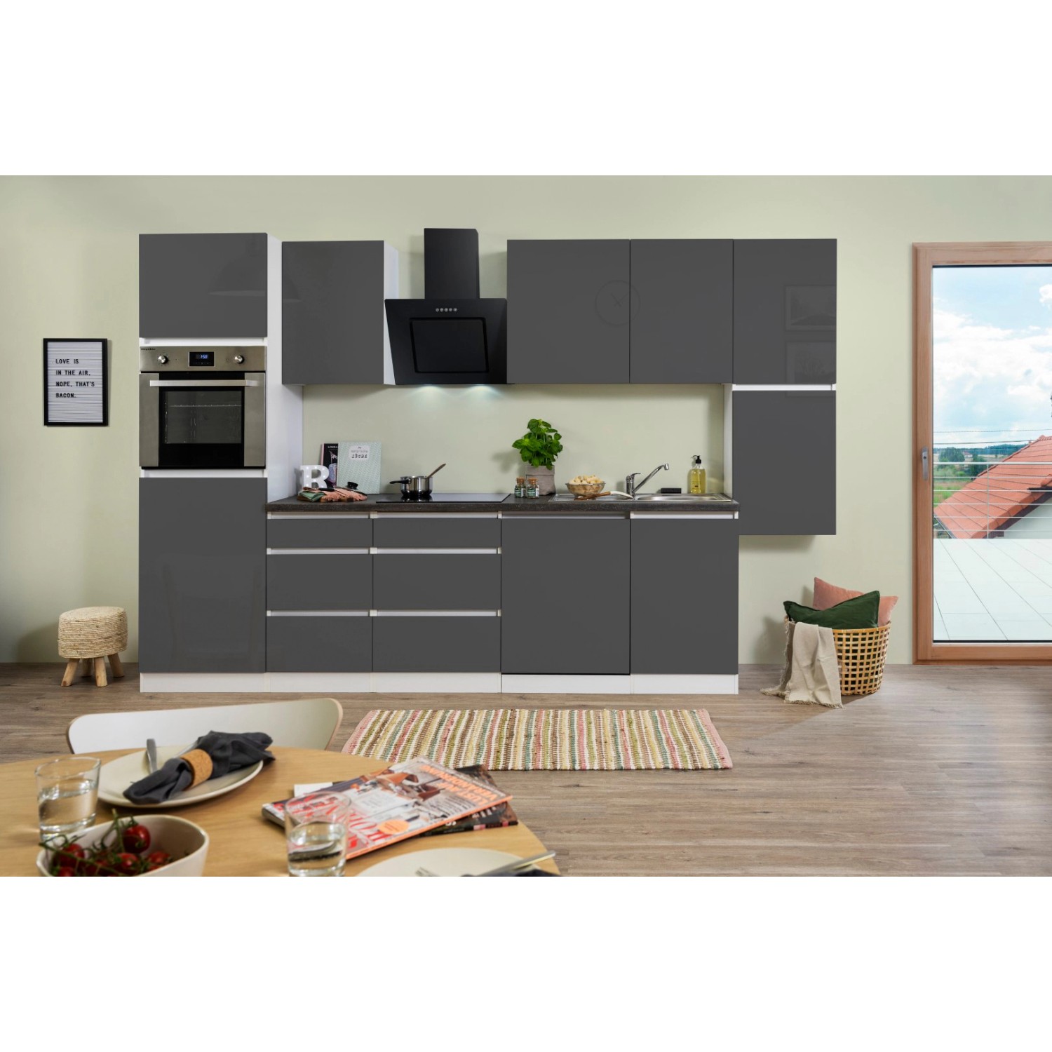 Respekta Küchenzeile/Küchenblock ohne E-Geräte 330 cm Grifflos Grau Hochglanz-Weiß