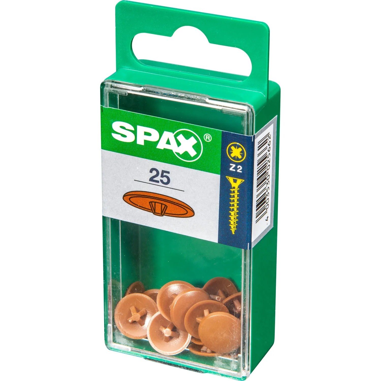 Spax Zierkappen, braun, für Pozi Z2 Schrauben, 25 Stück im Kunststoffbehälter.