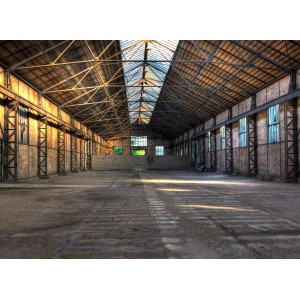 Fototapete Industrial Halle in Grau und Gelb, 3,50x2,55m, mit Industriehallen-Motiv.