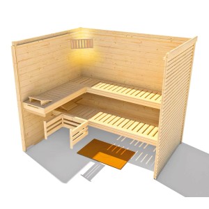 Weka Designsauna Cubilis 3 mit Saunaleuchtenset, Inneneinrichtung aus hellem Holz.