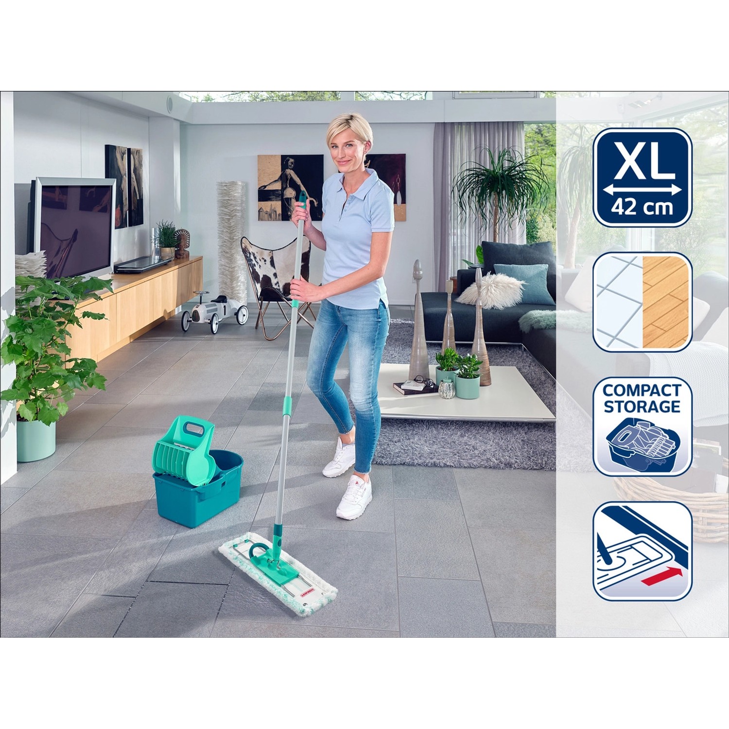 Frau wischt Boden mit Leifheit Wischtuchpresse Profi Compact. Reinigungsgerät mit Eimer und Bodenwischer.