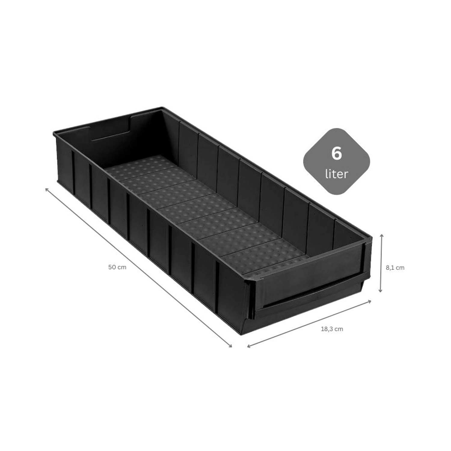 Schwarze PROREGAL ESD Industriebox, 6 Liter, für Aufbewahrungssysteme im Lager oder Werkstatt.