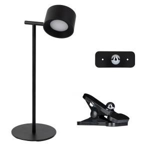 Schwarze LED Tischlampe 3in1 mit magnetischen Sockeln, dimmbar und in 3 Lichtfarben einstellbar.