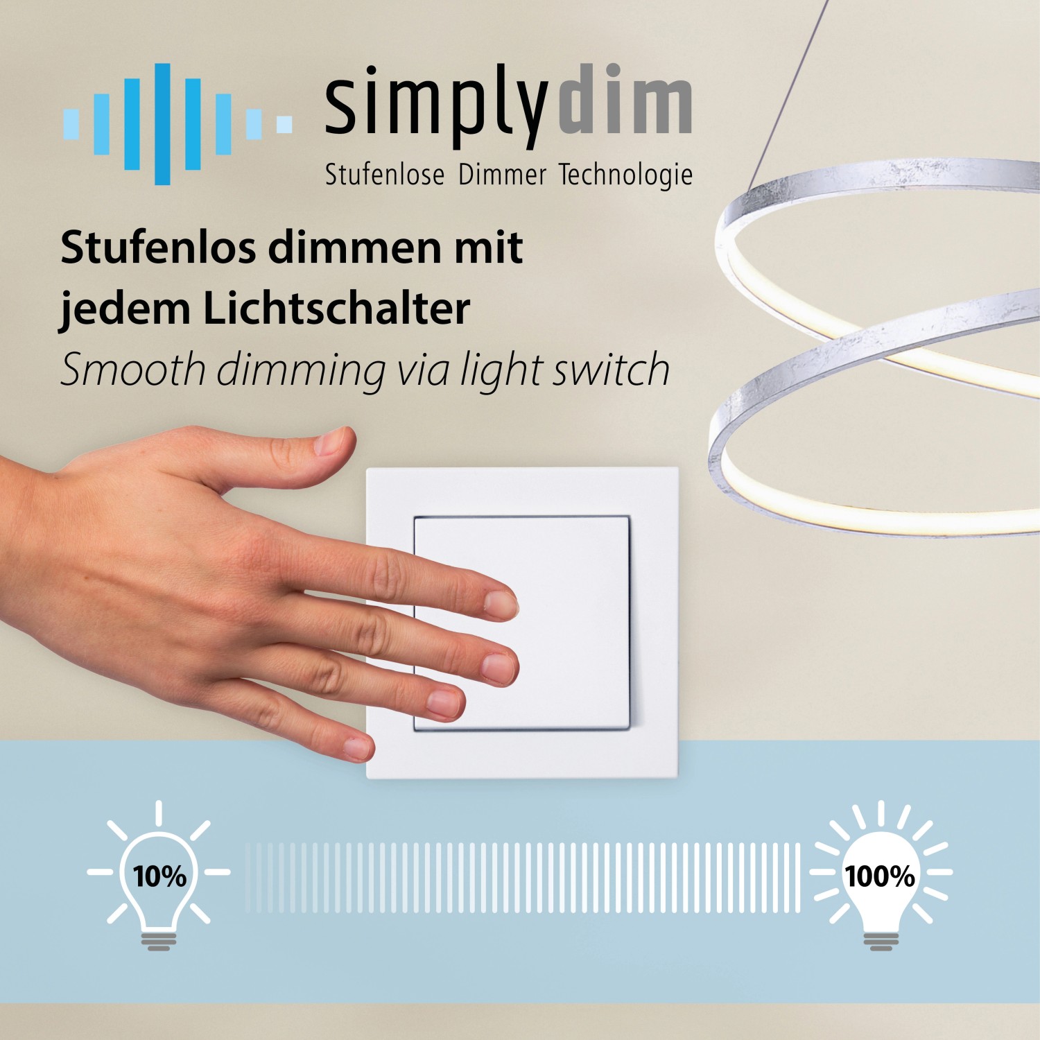 Paul Neuhaus LED-Pendelleuchte Titus: Dimmfunktion mit Lichtschalter dargestellt.