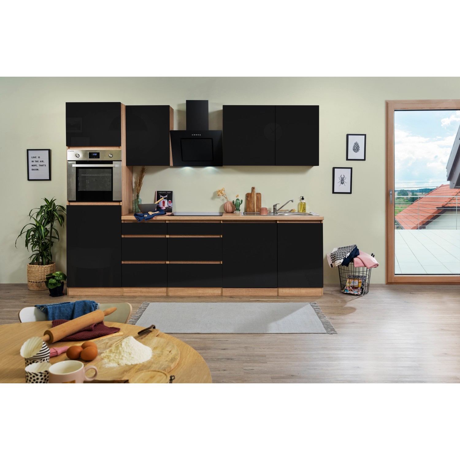 Respekta Küchenzeile/Küchenblock GLRP280HESS Grifflos 280 cm Schwarz Hochglanz-Sonoma Eiche