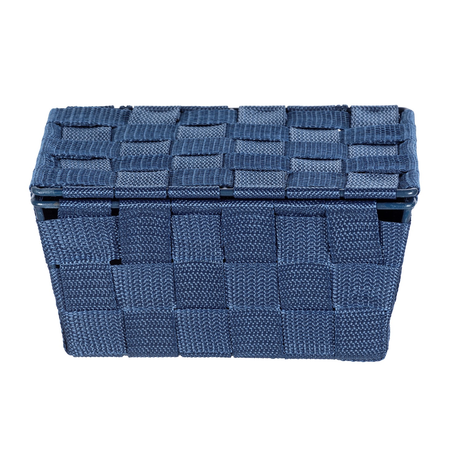 Dunkelblauer Wenko Aufbewahrungskorb Adria mit Deckel, Flechtoptik, 19x10x14 cm.