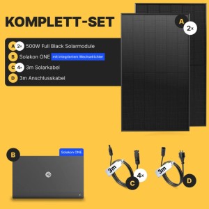 Solakon Balkonkraftwerk Komplettset: 2 schwarze 500W Solarmodule, Speicher, Wechselrichter, Kabel. 1000W Solaranlage.