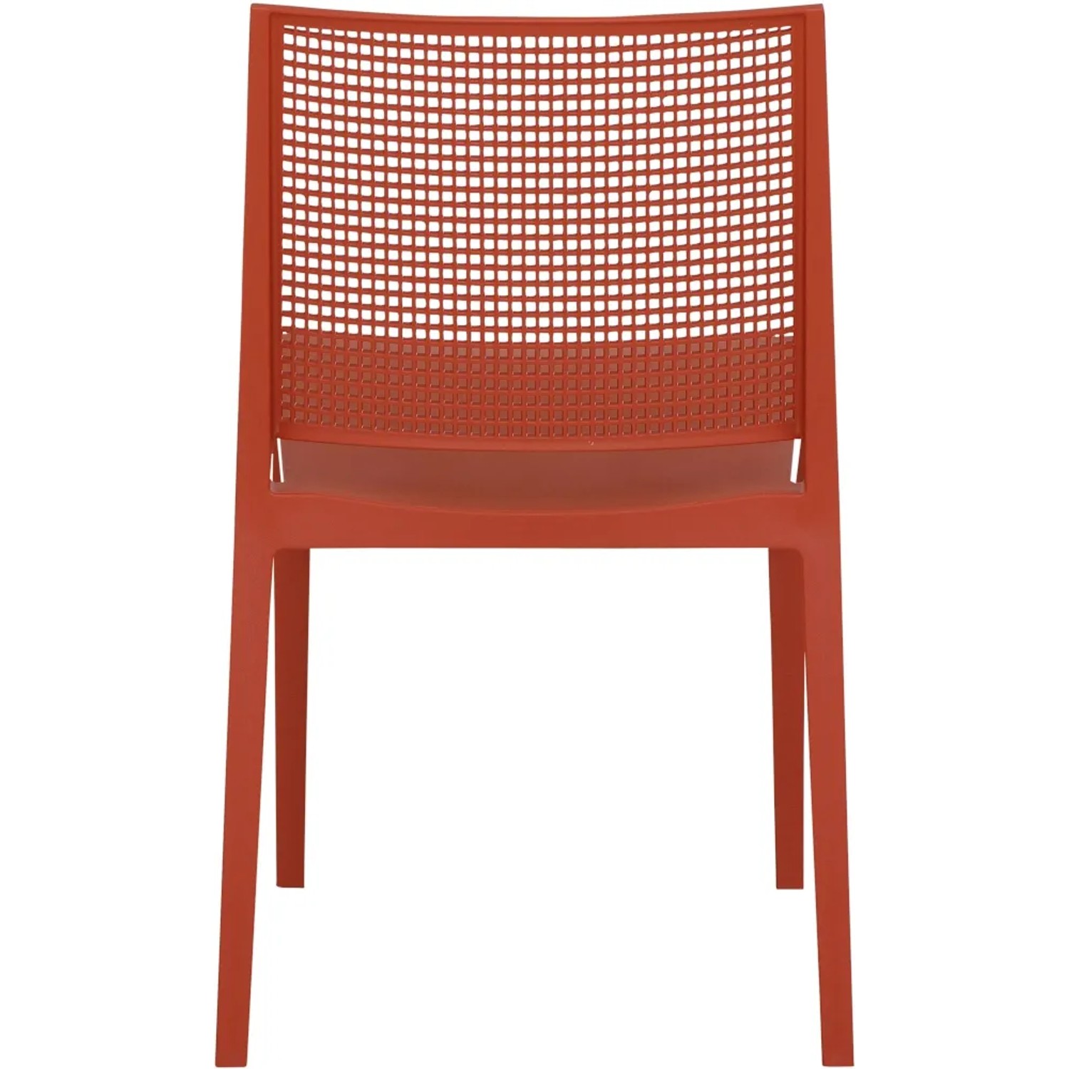 Siena Garden Stapelstuhl Square in Brickrot, Gartenstuhl mit Gittermuster im Rücken.