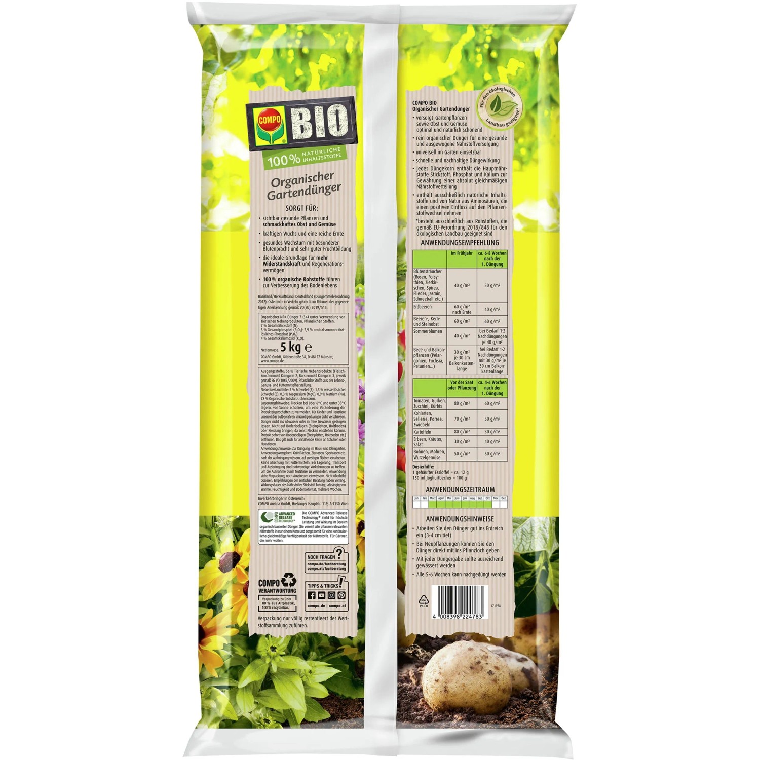 Compo Bio Organischer Gartendünger 5 kg Sack für gesundes Pflanzenwachstum.