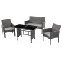 Graue Rattan Garten Essgruppe: Tisch mit Glasplatte, 2 Sessel, 2er Sofa. Ideal für Balkon & Terrasse.