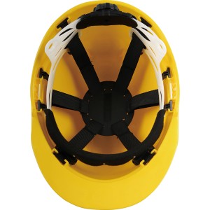 Gelber LUX Bauhelm mit 6-Punkt-Innenausstattung für optimalen Schutz.