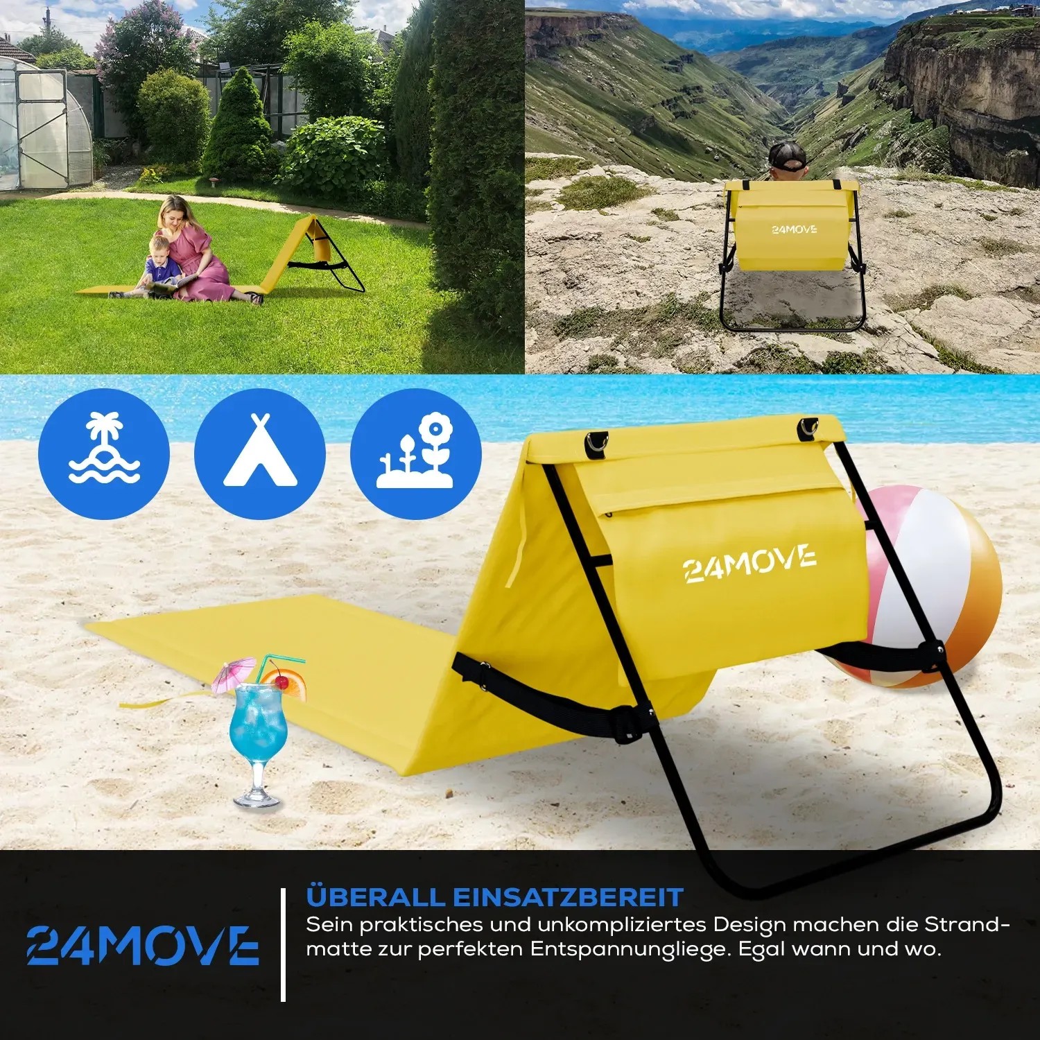 Gelbe 24MOVE Strandmatte mit Rückenlehne und Tasche, klappbar und mit Gurt.