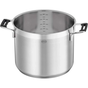 RÖSLE Gemüse- und Suppentopf SILENCE PRO 24 cm aus Edelstahl mit Innenskala und schwarzen Silikongriffen.