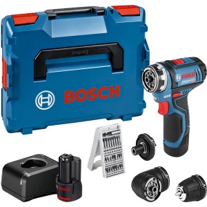 Bosch Professional Akku-Bohrschrauber GSR 12V-15 FC Set mit Zubehör und 2 Akkus in der blauen Aufbewahrungsbox.