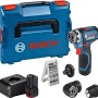 Bosch Professional Akku-Bohrschrauber GSR 12V-15 FC Set mit Zubehör und 2 Akkus in der blauen Aufbewahrungsbox.